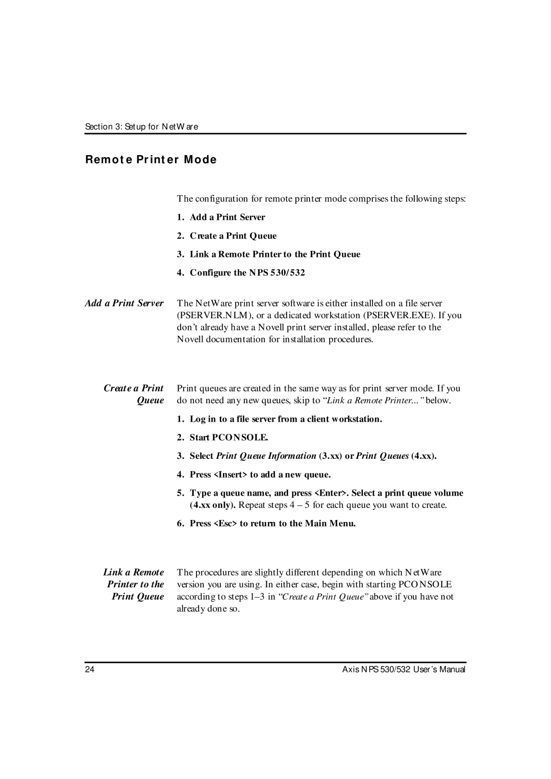 Axis Communications NPS 532, NPS 530 user manual Remote Printer Mode, Select Print Queue Information 3.xx or Print Queues 