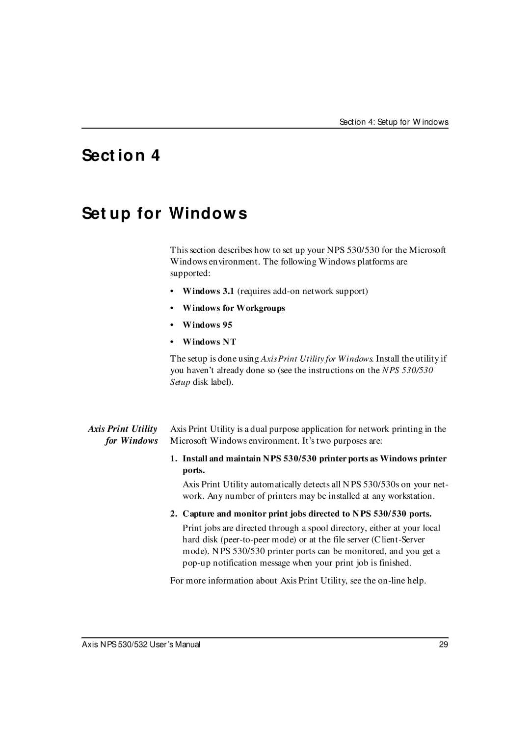 Axis Communications NPS 530, NPS 532 user manual Section Setup for Windows, Windows for Workgroups Windows NT 