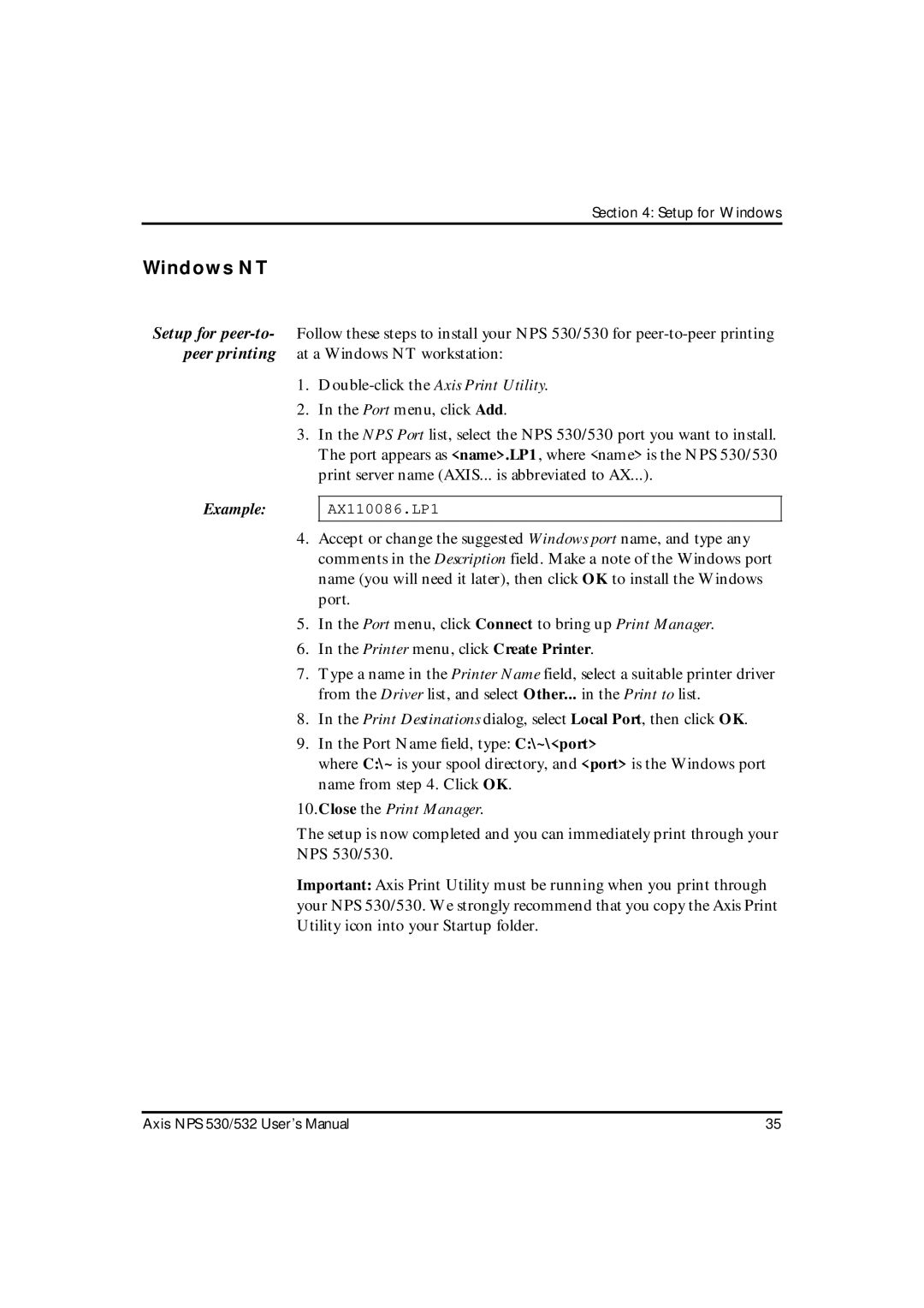 Axis Communications NPS 530, NPS 532 user manual Windows NT, Close the Print Manager 