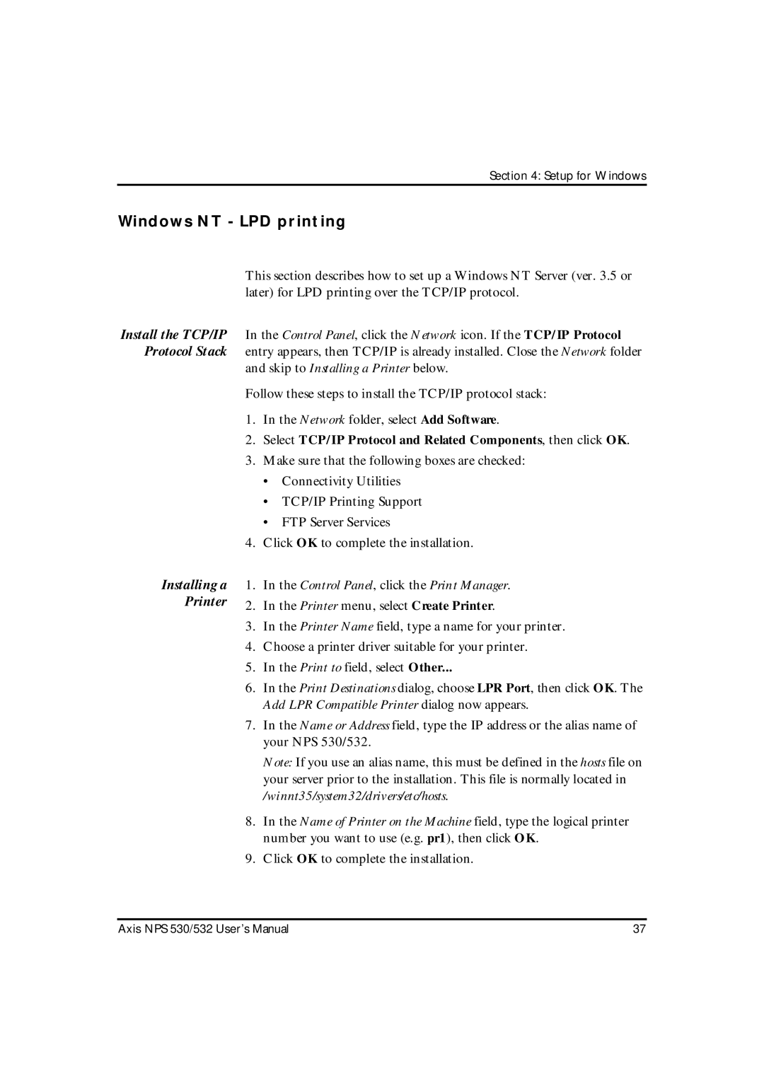 Axis Communications NPS 530, NPS 532 Windows NT LPD printing, Select TCP/IP Protocol and Related Components, then click OK 