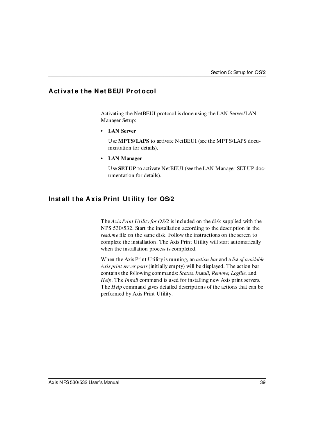 Axis Communications NPS 530, NPS 532 Activate the NetBEUI Protocol, Install the Axis Print Utility for OS/2, LAN Server 