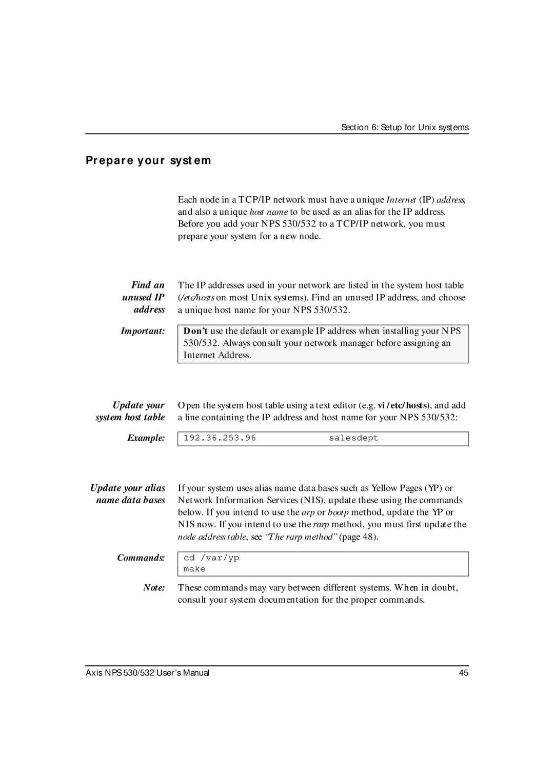 Axis Communications NPS 530, NPS 532 user manual Prepare your system, Find an unused IP address, Commands 