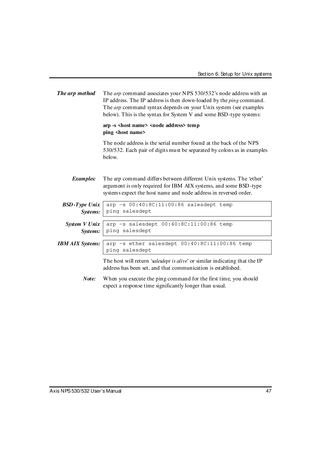 Axis Communications NPS 530, NPS 532 user manual Arp -s host name node address temp ping host name, IBM AIX Systems 