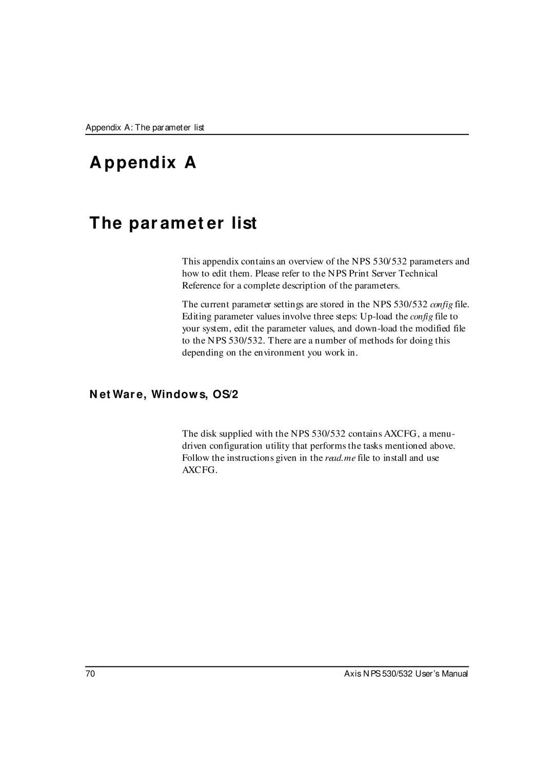 Axis Communications NPS 532, NPS 530 user manual Appendix a Parameter list, NetWare, Windows, OS/2 