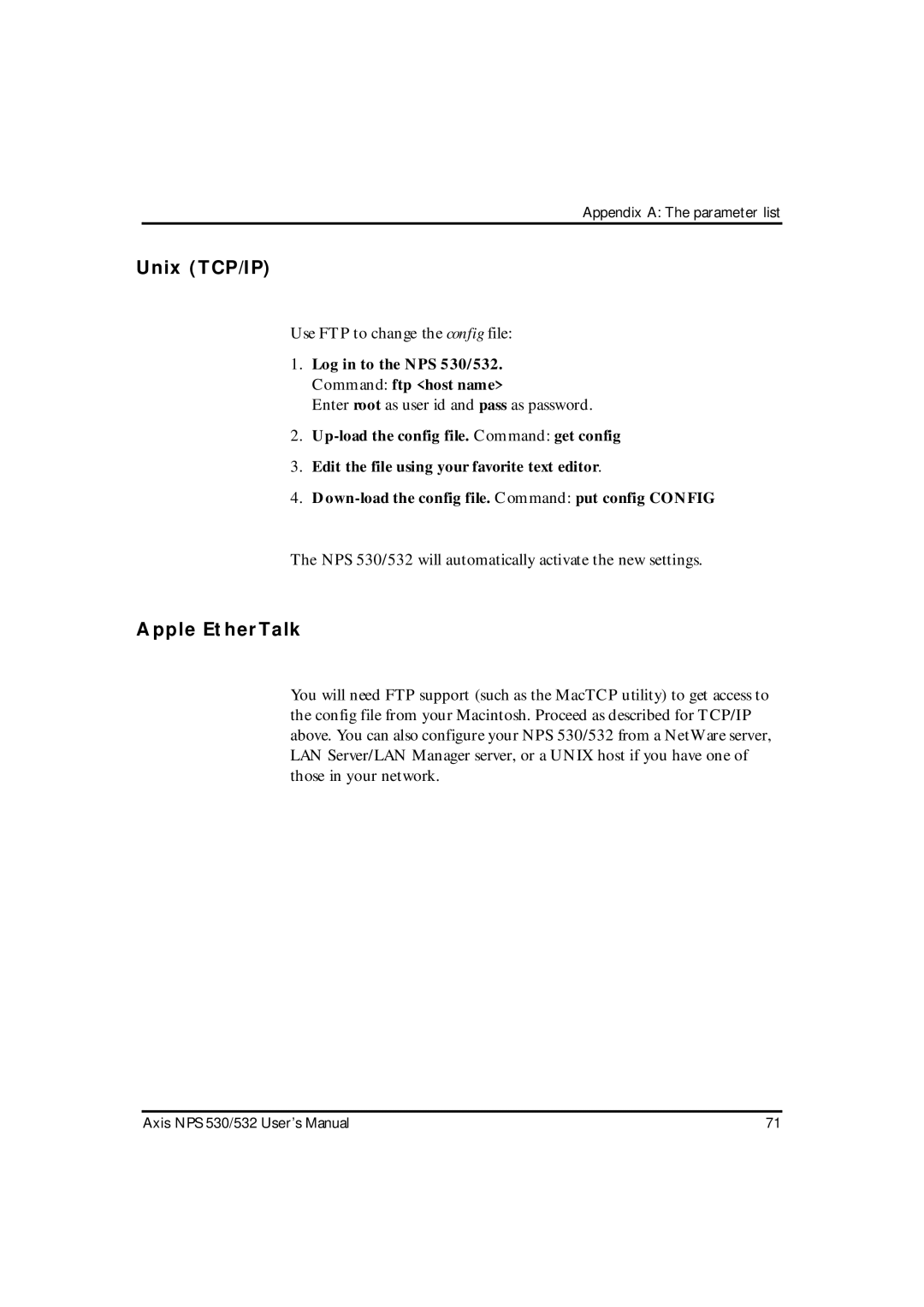 Axis Communications NPS 530, NPS 532 user manual Unix TCP/IP, Apple EtherTalk 