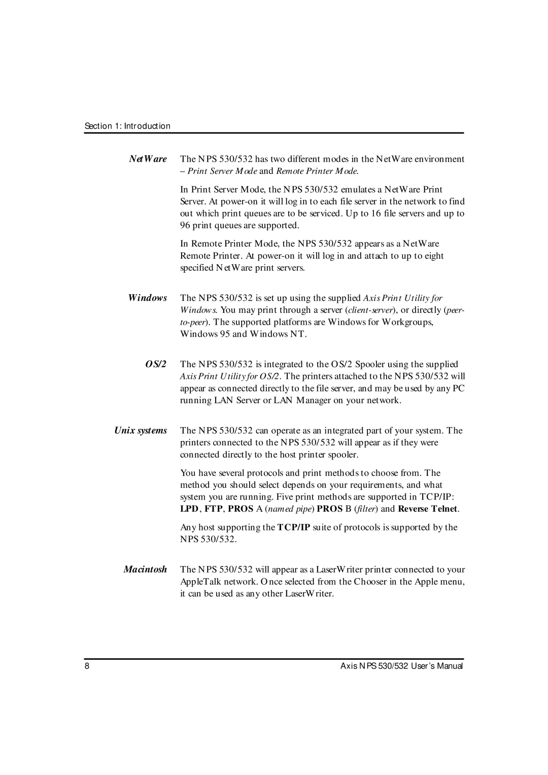 Axis Communications NPS 532, NPS 530 user manual Print Server Mode and Remote Printer Mode 