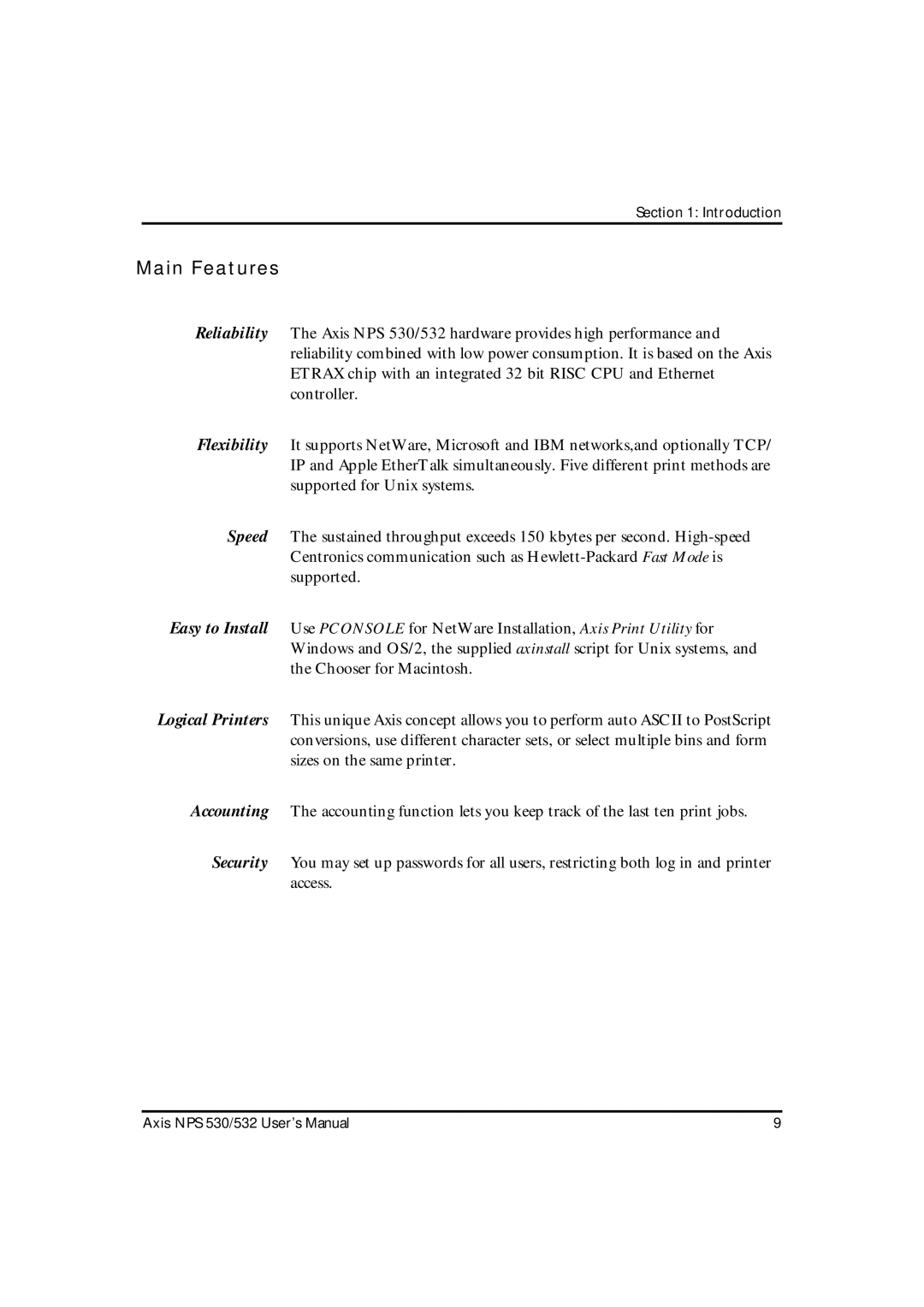 Axis Communications NPS 530, NPS 532 user manual Main Features 