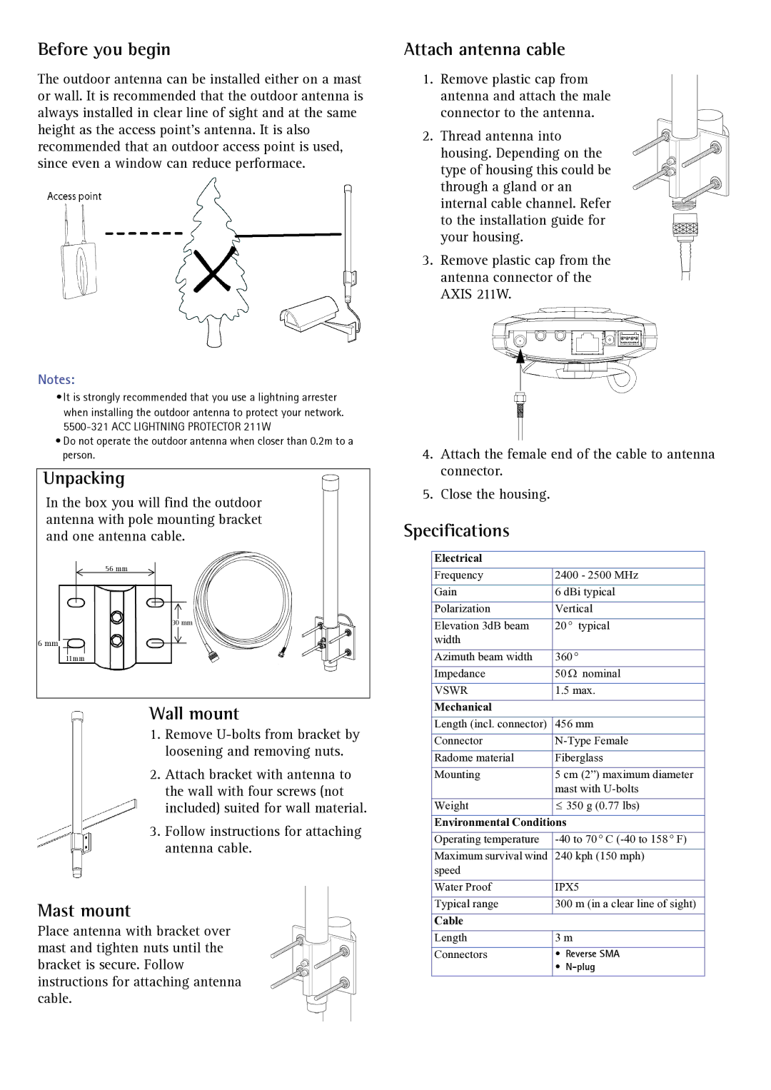 Axis Communications Outdoor Antenna manual Before you begin, Unpacking, Wall mount, Mast mount, Attach antenna cable 