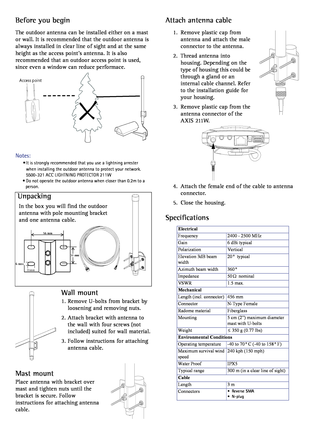 Axis Communications Outdoor Antenna manual Before you begin, Unpacking, Wall mount, Mast mount, Attach antenna cable 