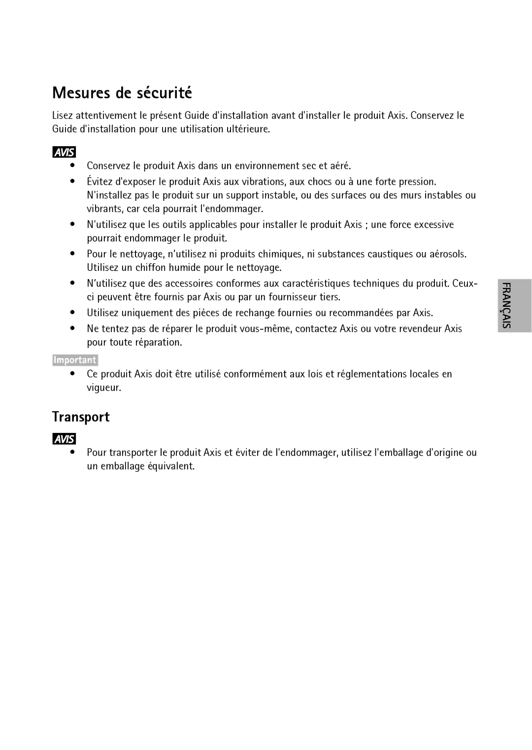 Axis Communications P1204, P1214-E, P1224-E manual Mesures de sécurité, Transport 