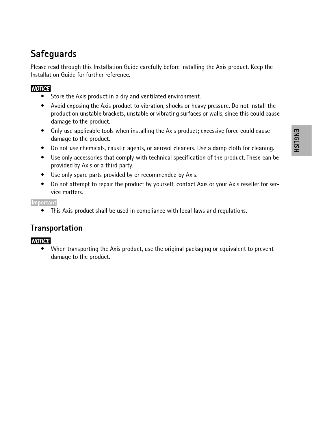 Axis Communications P1204, P1214-E, P1224-E manual Safeguards, Transportation 