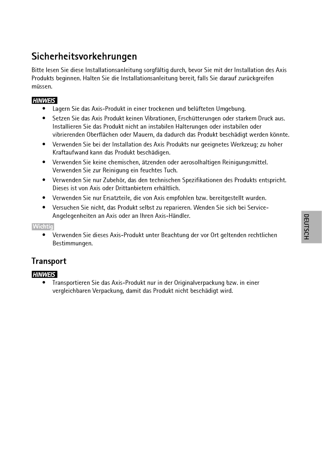 Axis Communications P1204, P1214-E, P1224-E manual Sicherheitsvorkehrungen, Transport 