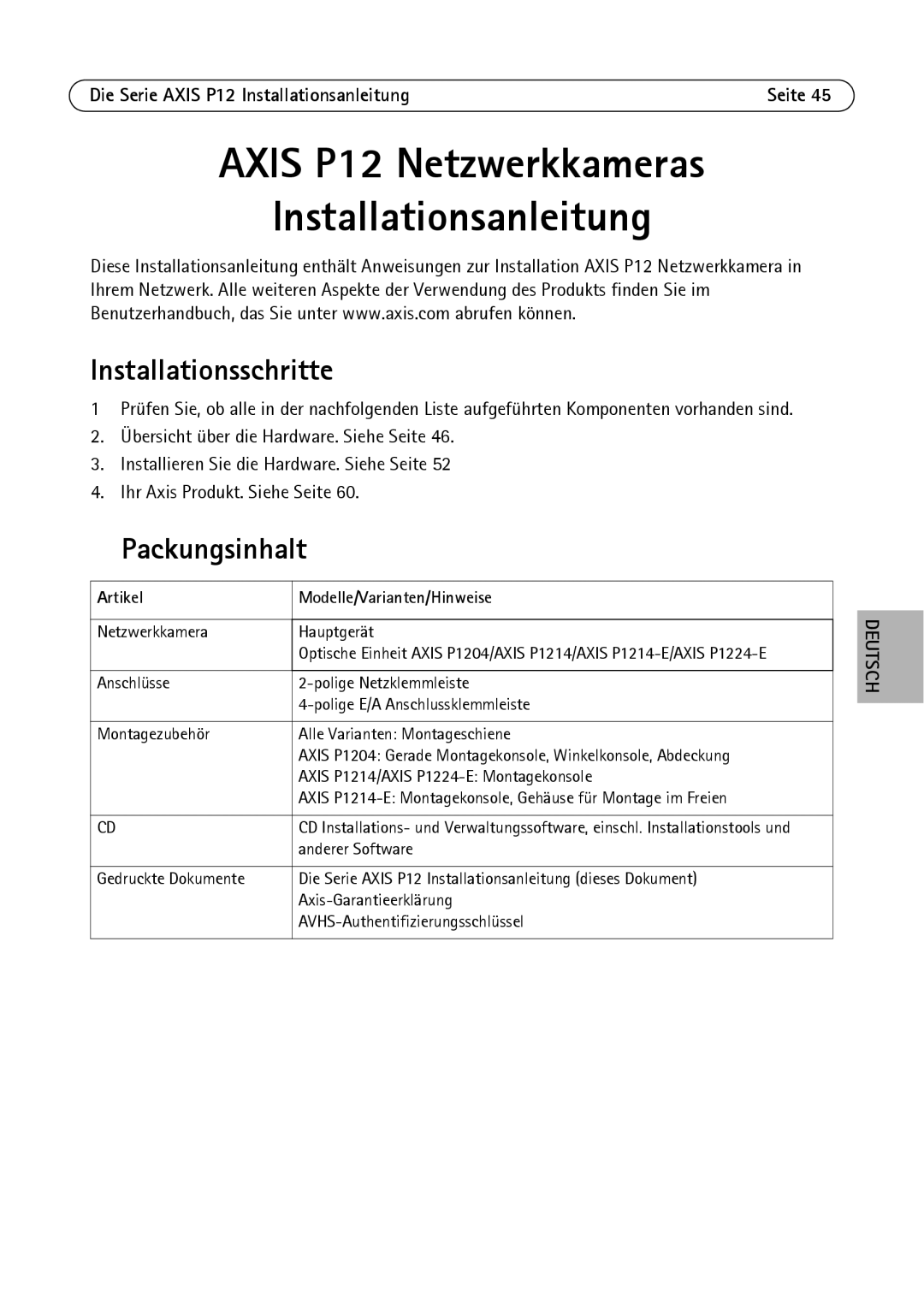 Axis Communications P1224-E, P1214-E, P1204 manual Installationsschritte, Packungsinhalt, Artikel Modelle/Varianten/Hinweise 