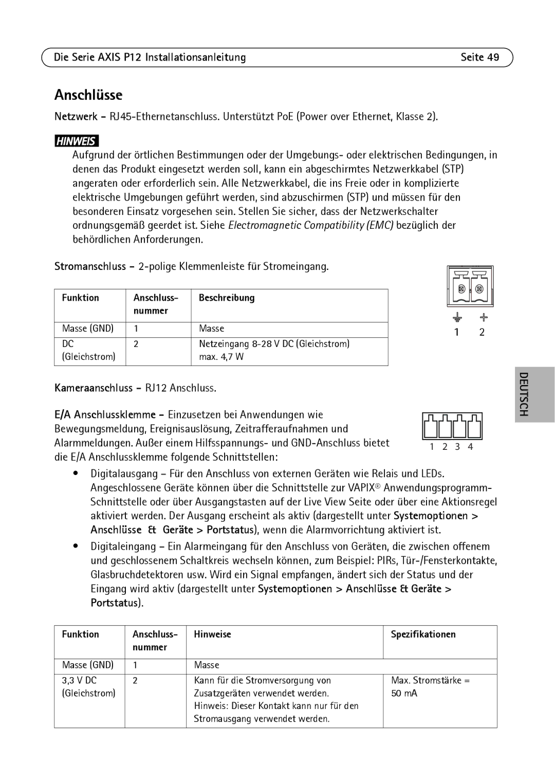 Axis Communications P1224-E, P1214-E, P1204 manual Anschlüsse, Funktion, Beschreibung Nummer, Hinweise Spezifikationen Nummer 