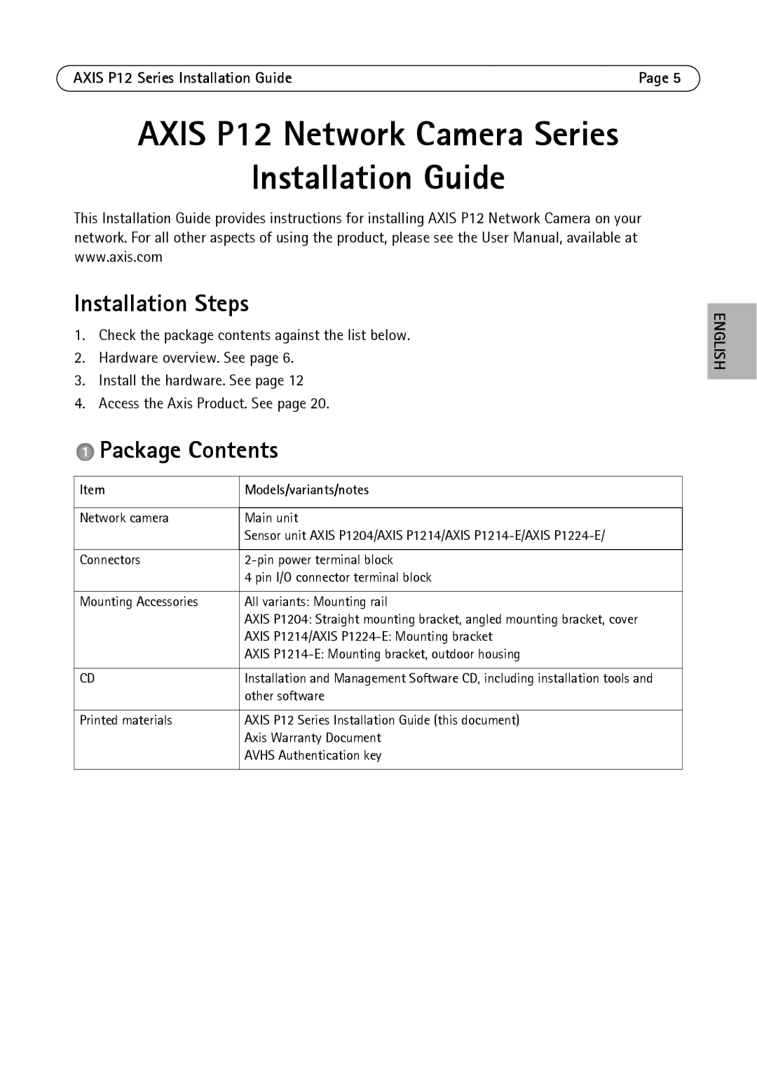 Axis Communications P1224-E, P1214-E, P1204 manual Installation Steps, Package Contents 