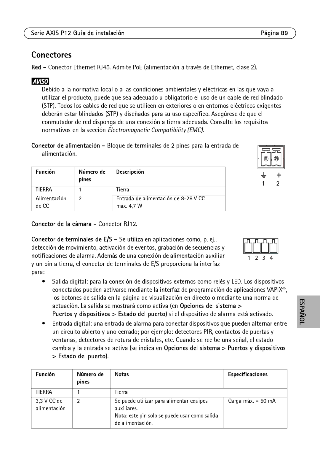 Axis Communications P1224-E, P1214-E Conectores, Descripción Pines, Función Número de Notas Especificaciones Pines 