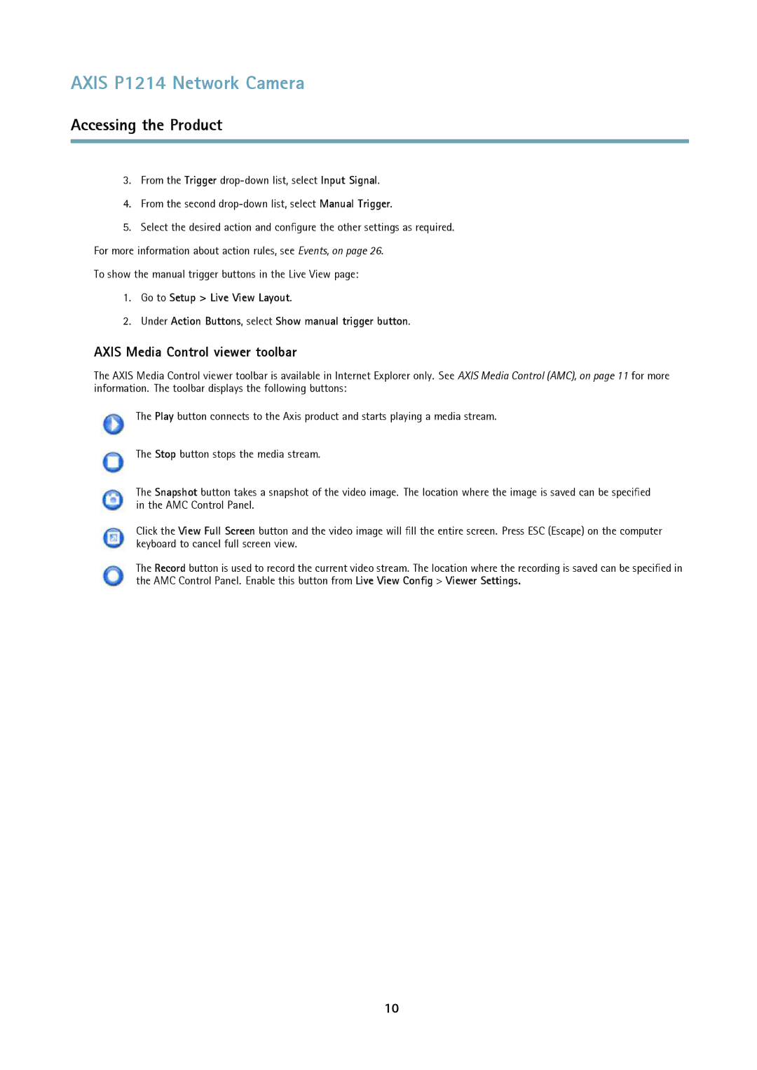 Axis Communications P1214-E user manual Axis Media Control viewer toolbar 