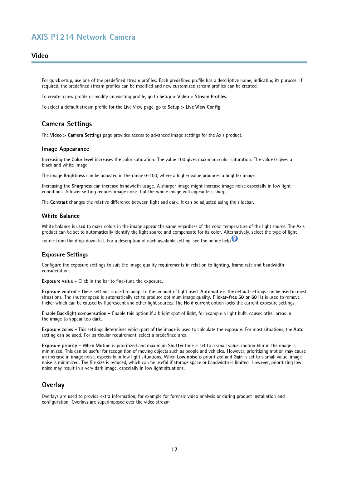 Axis Communications P1214-E user manual Camera Settings, Overlay, Image Appearance, White Balance, Exposure Settings 