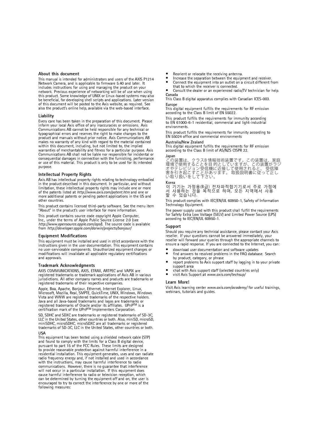 Axis Communications P1214-E About this document, Liability, Intellectual Property Rights, Equipment Modifications, Support 