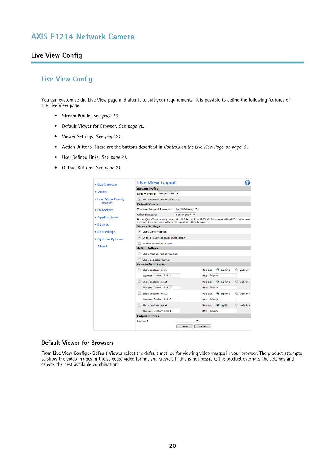 Axis Communications P1214-E user manual Live View Config, Default Viewer for Browsers 