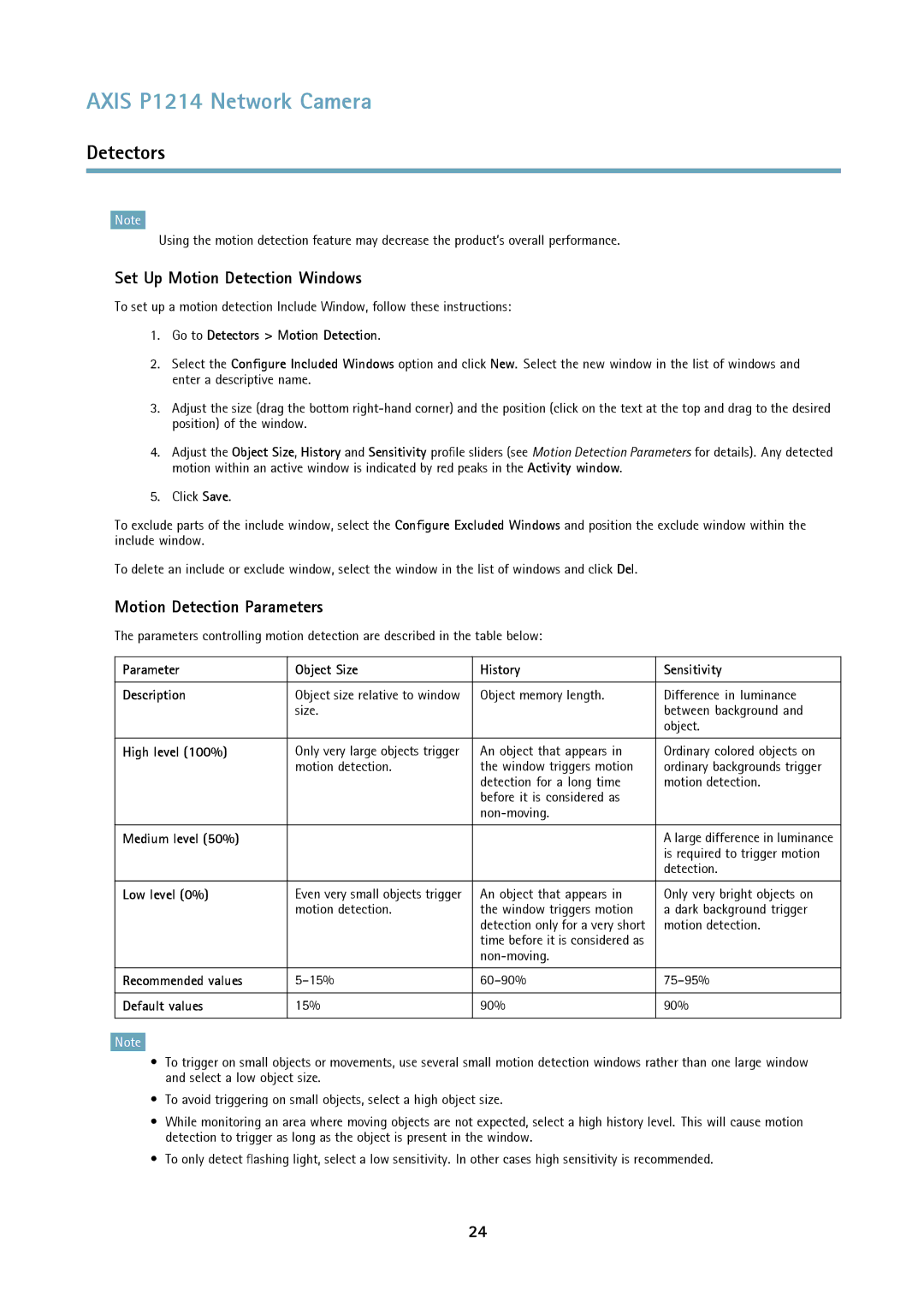 Axis Communications P1214-E user manual Set Up Motion Detection Windows, Motion Detection Parameters 