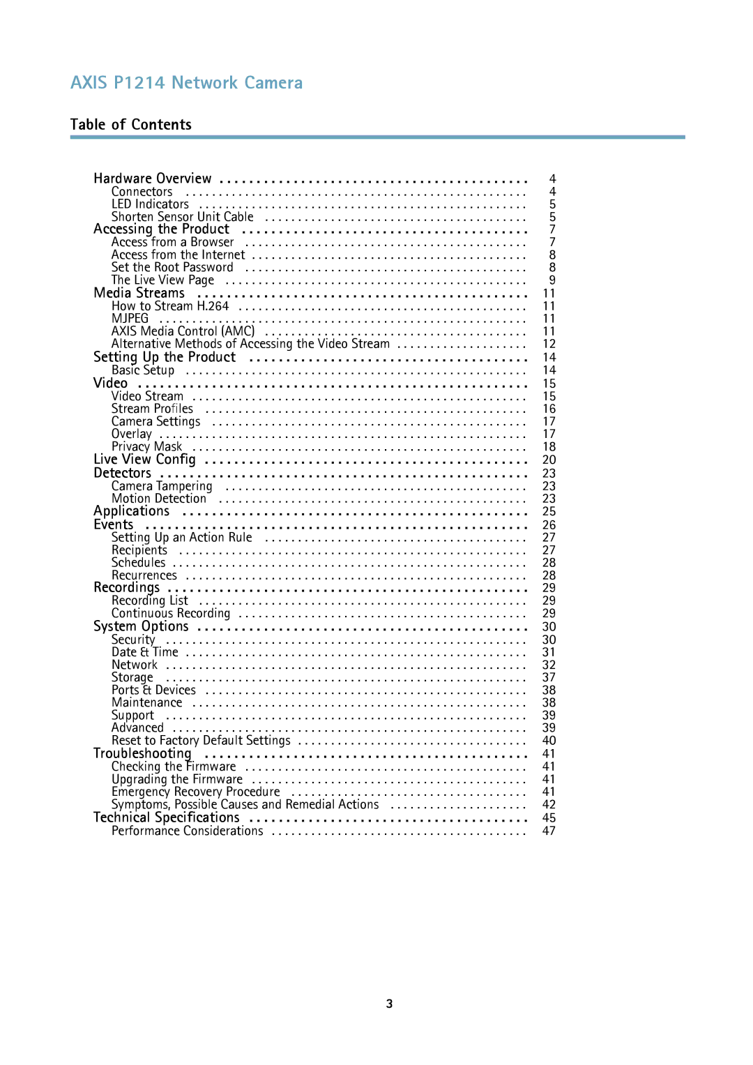 Axis Communications P1214-E user manual Axis P1214 Network Camera, Table of Contents 