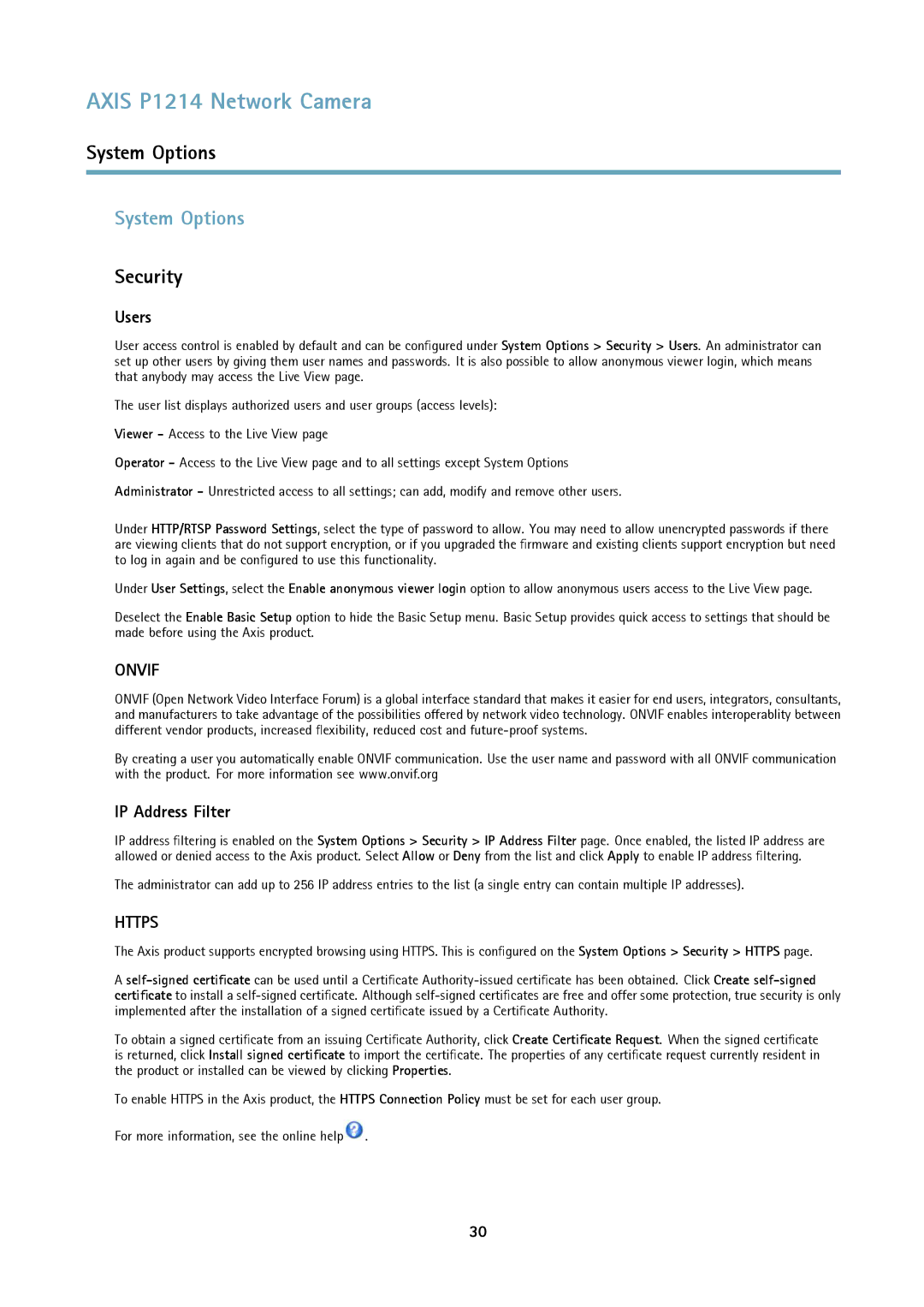 Axis Communications P1214-E user manual System Options, Security, Users, IP Address Filter 