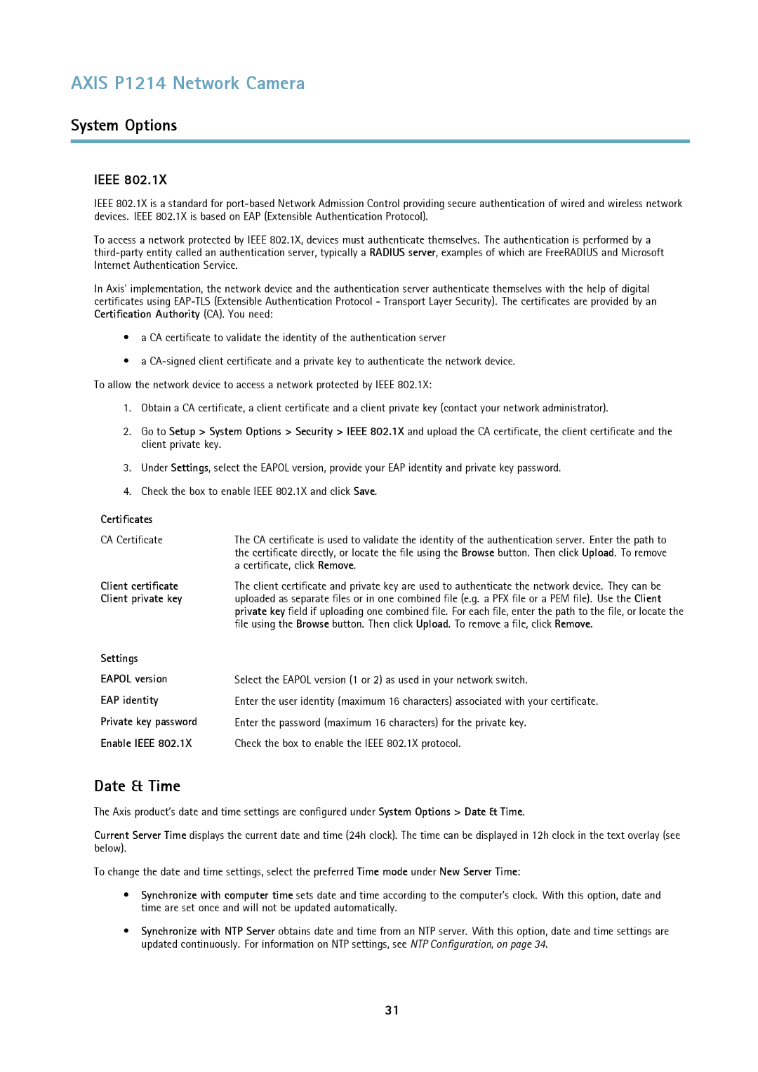 Axis Communications P1214-E user manual Date & Time, Ieee, Certificates 