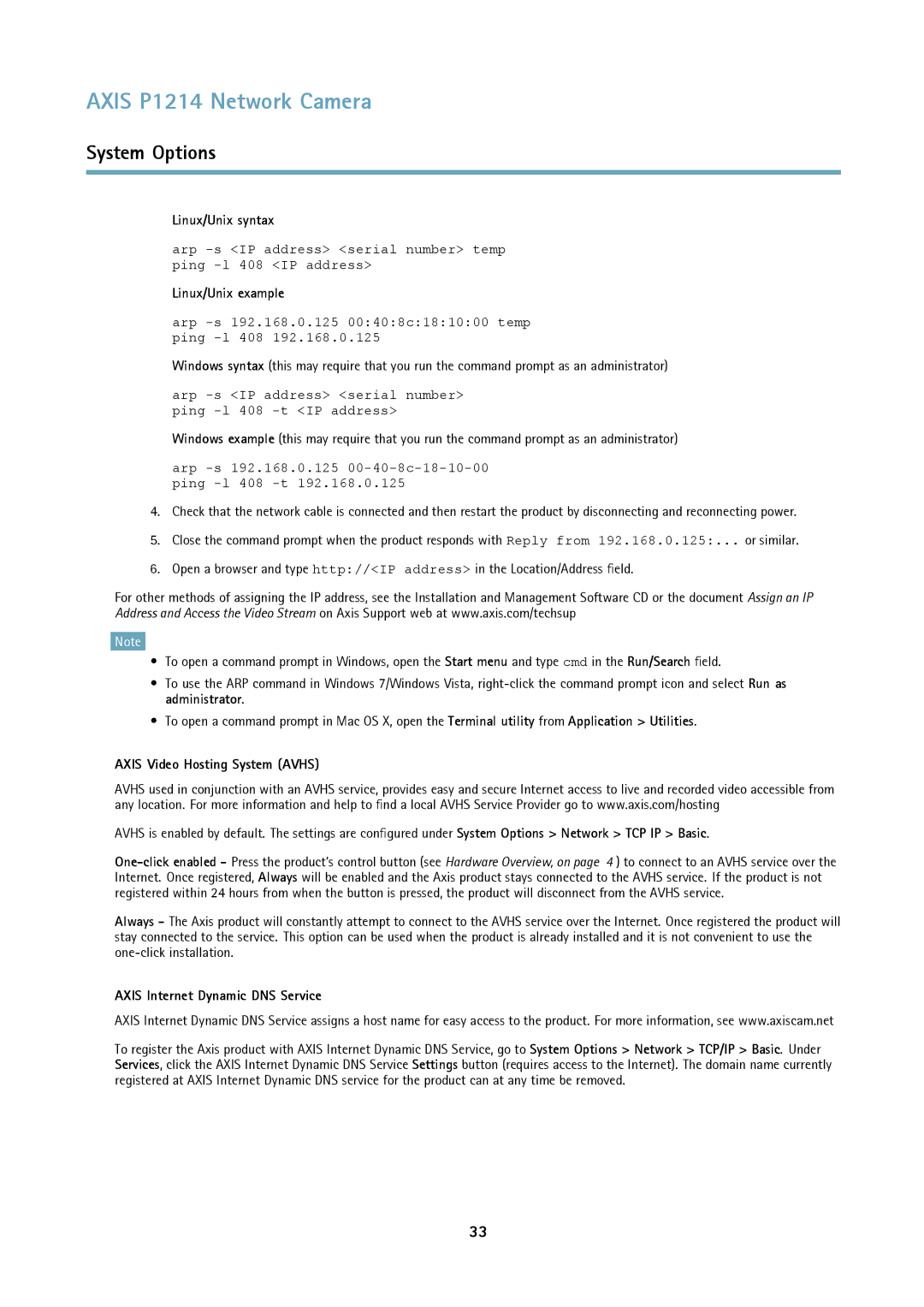 Axis Communications P1214-E user manual Linux/Unix syntax, Linux/Unix example, Axis Video Hosting System Avhs 