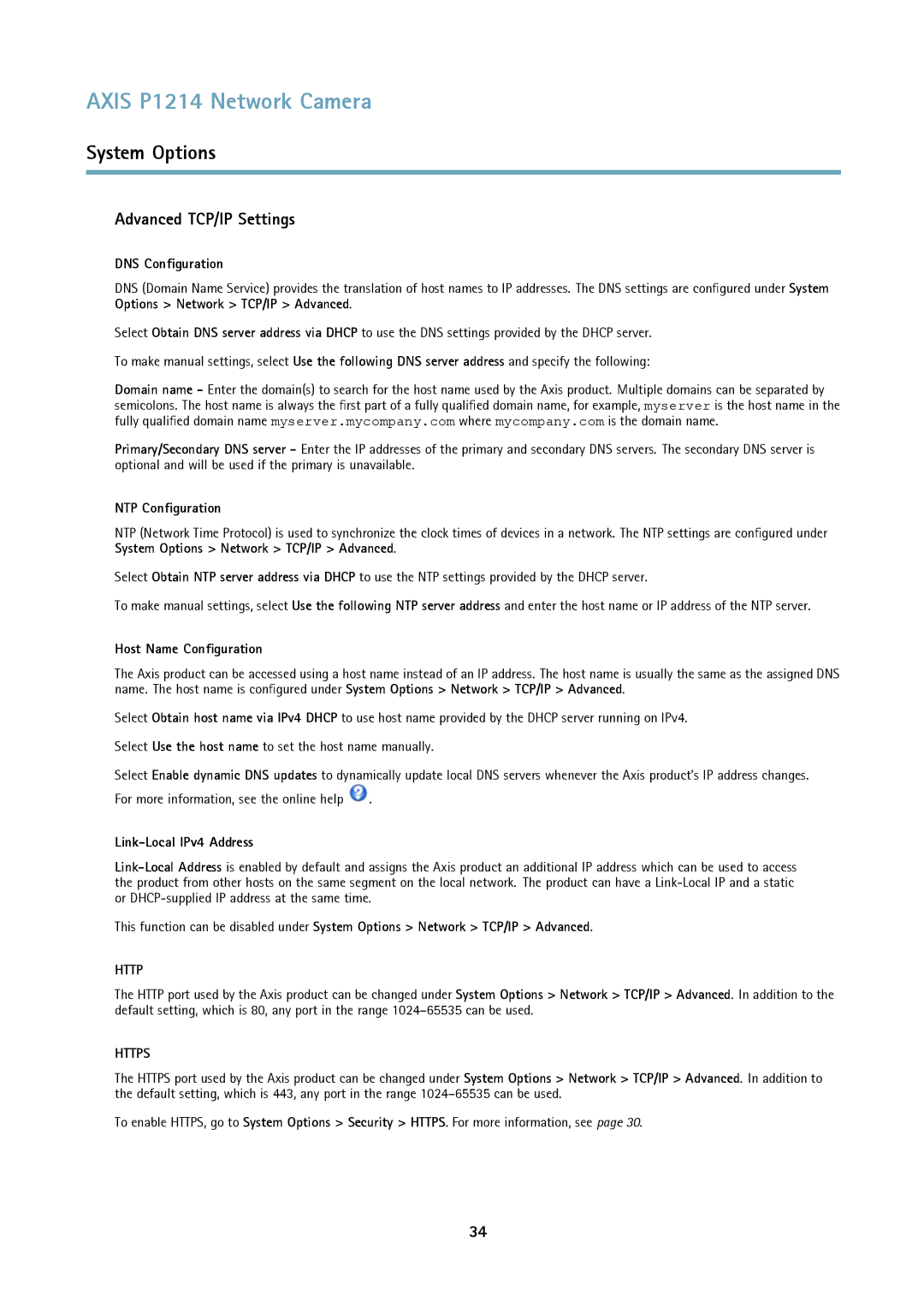 Axis Communications P1214-E Advanced TCP/IP Settings, DNS Configuration, NTP Configuration, Host Name Configuration 