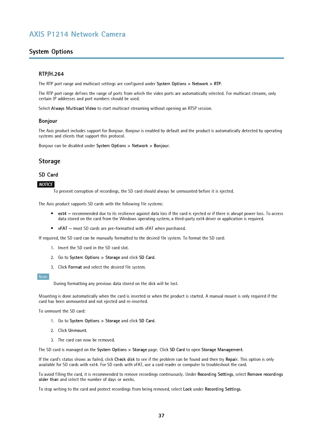 Axis Communications P1214-E user manual RTP/H.264, Bonjour, Go to System Options Storage and click SD Card 