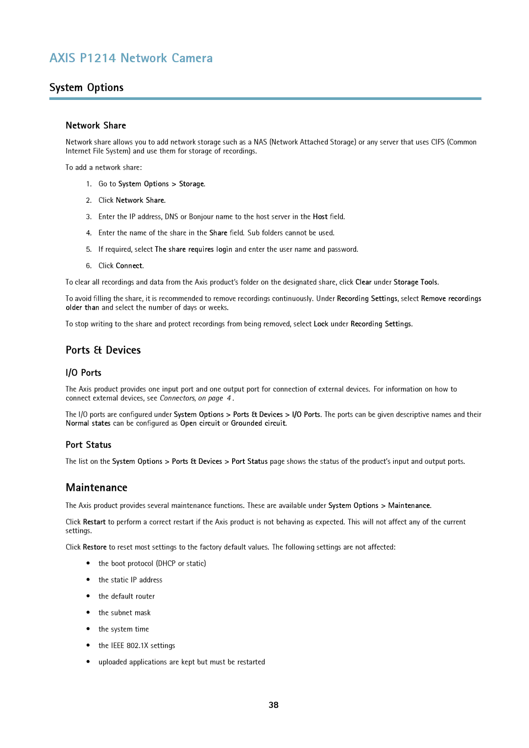 Axis Communications P1214-E user manual Ports & Devices, Maintenance, Network Share, Port Status 