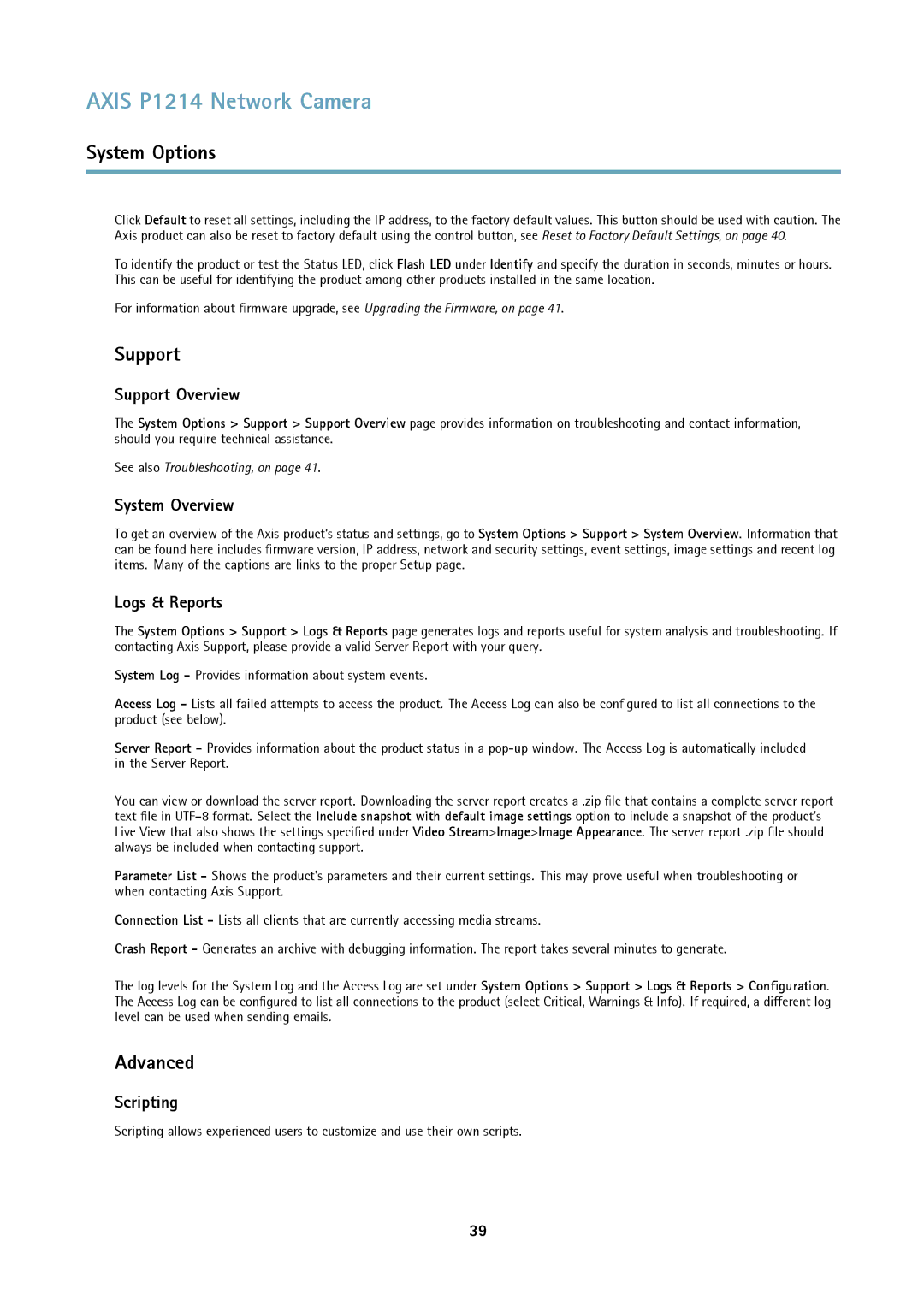 Axis Communications P1214-E user manual Support, Advanced 