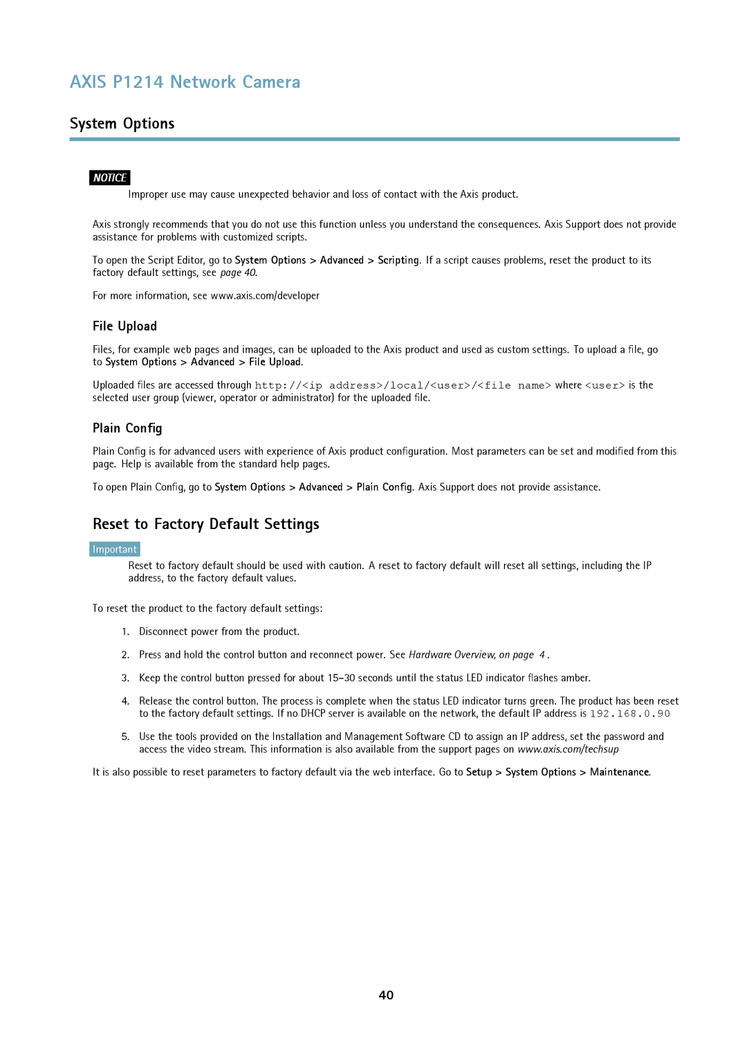 Axis Communications P1214-E user manual Reset to Factory Default Settings, File Upload, Plain Config 