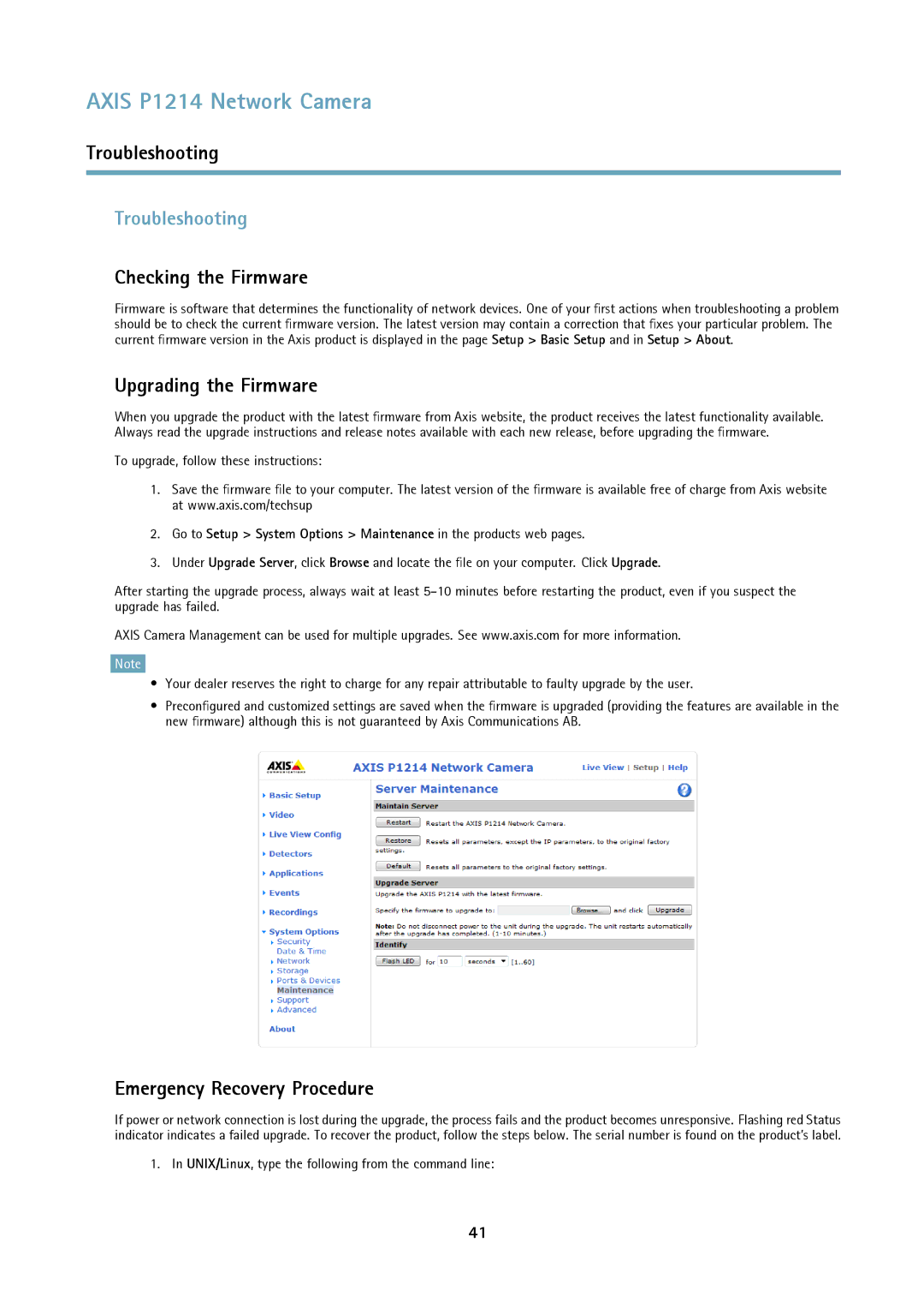 Axis Communications P1214-E Troubleshooting, Checking the Firmware, Upgrading the Firmware, Emergency Recovery Procedure 