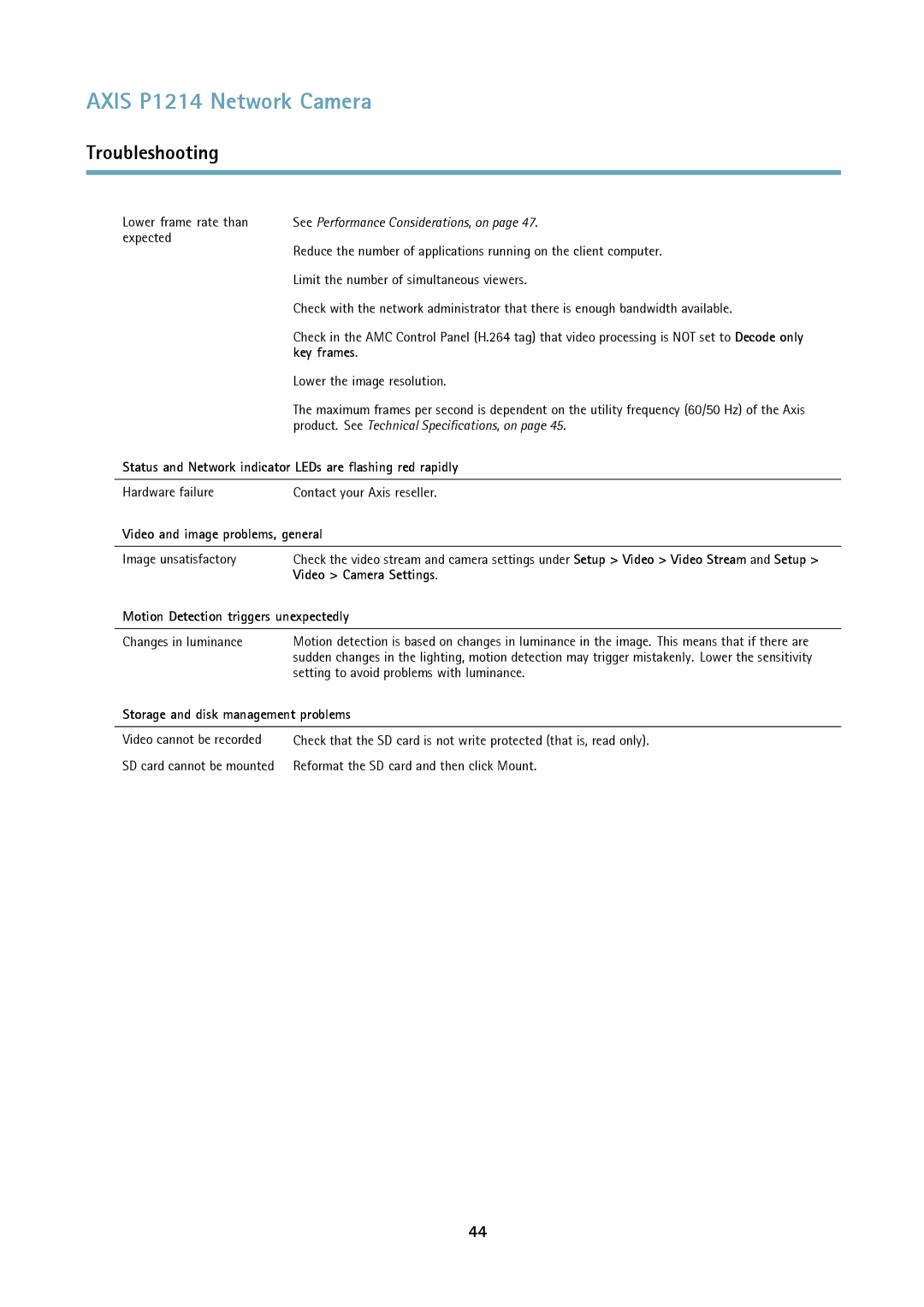 Axis Communications P1214-E Key frames, Status and Network indicator LEDs are flashing red rapidly, Video Camera Settings 