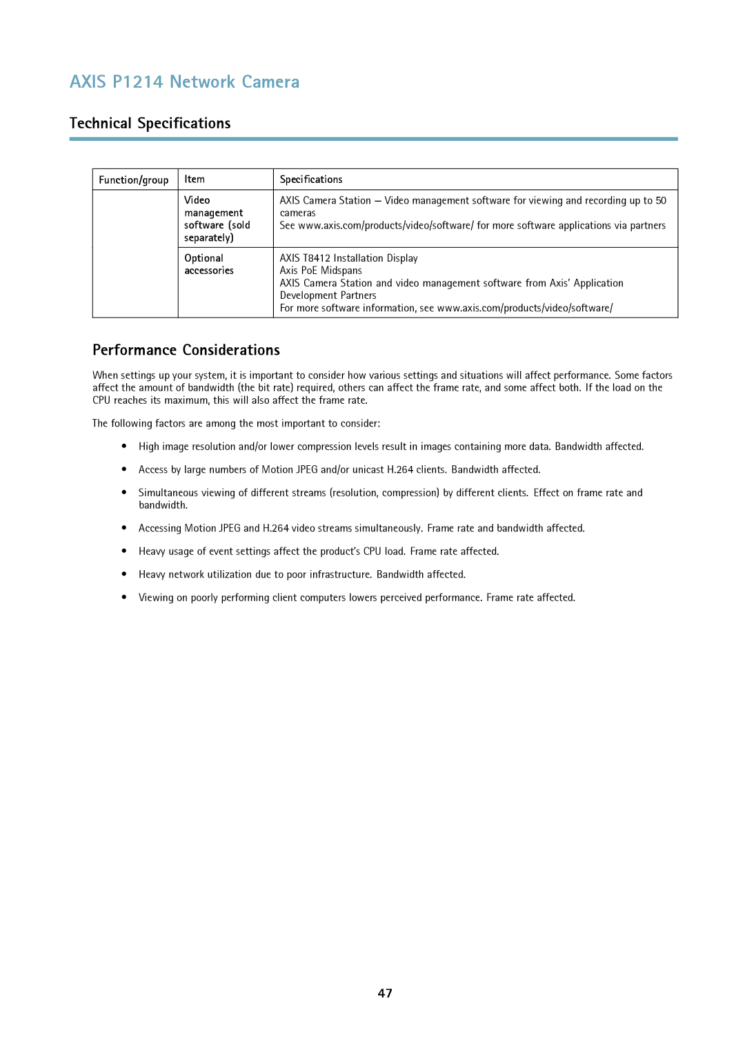 Axis Communications P1214-E user manual Performance Considerations, Function/group Specifications Video 