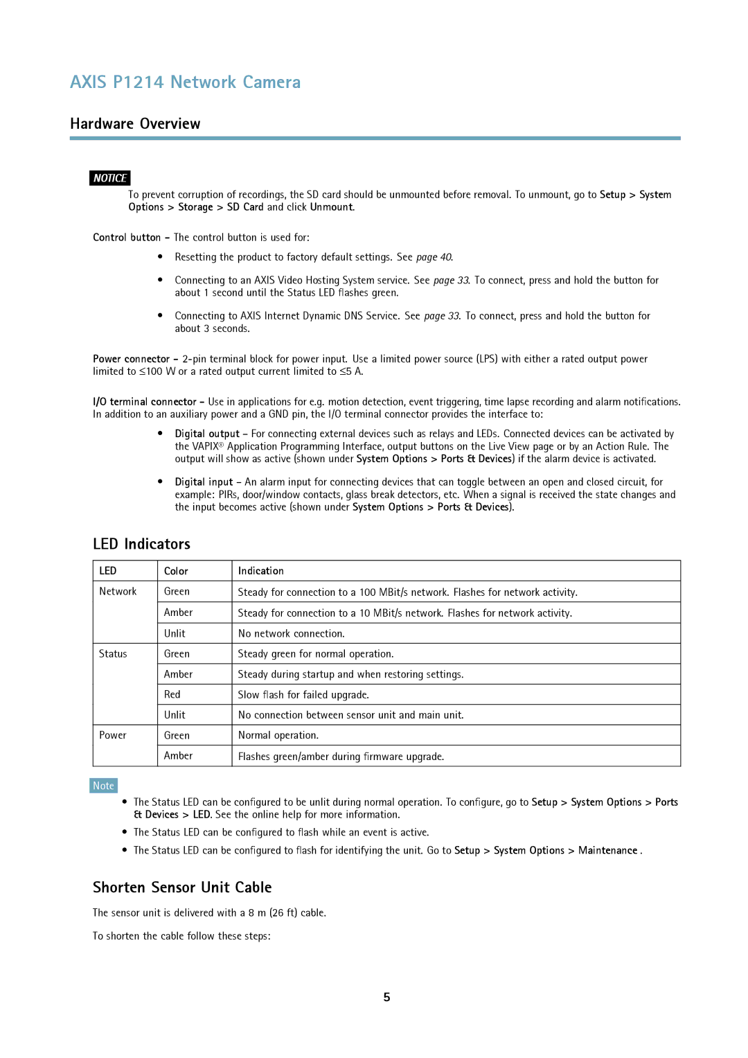 Axis Communications P1214-E user manual LED Indicators, Shorten Sensor Unit Cable, Color Indication 