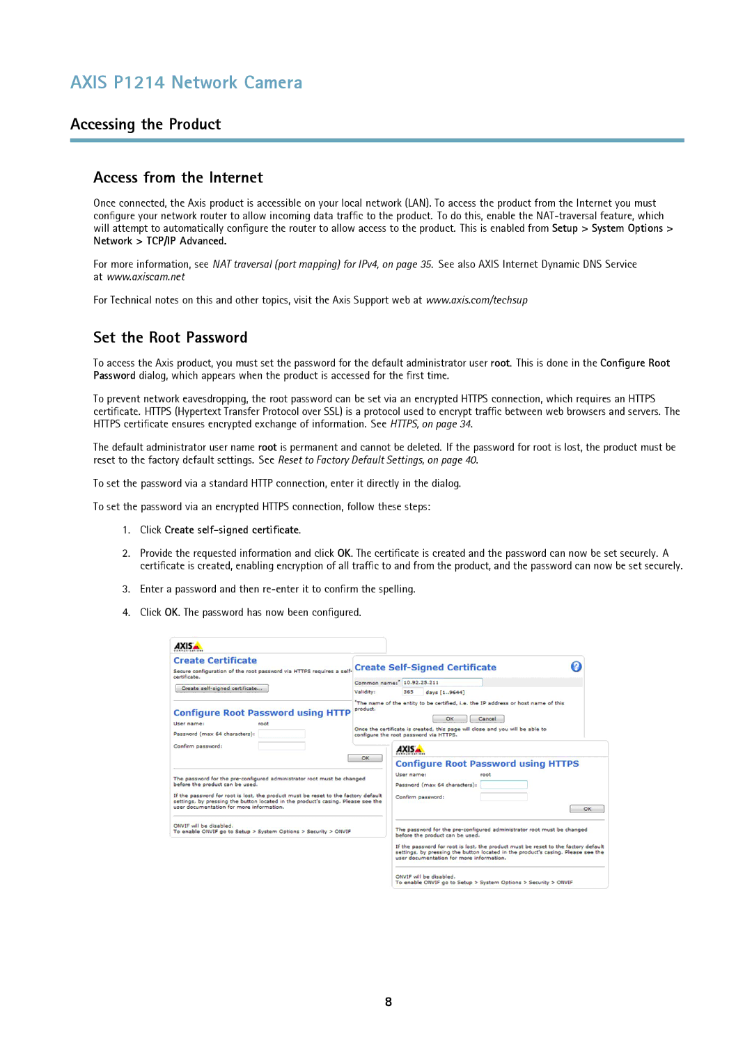 Axis Communications P1214-E Accessing the Product Access from the Internet, Set the Root Password, Network TCP/IP Advanced 