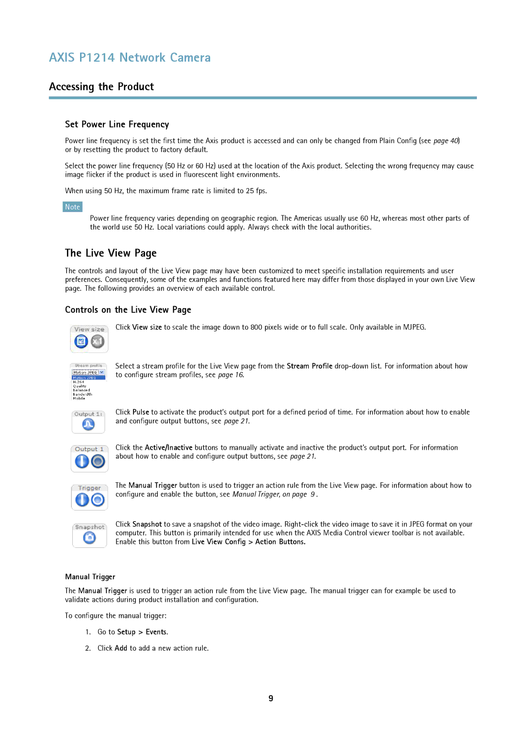 Axis Communications P1214-E Set Power Line Frequency, Controls on the Live View, Manual Trigger, Go to Setup Events 