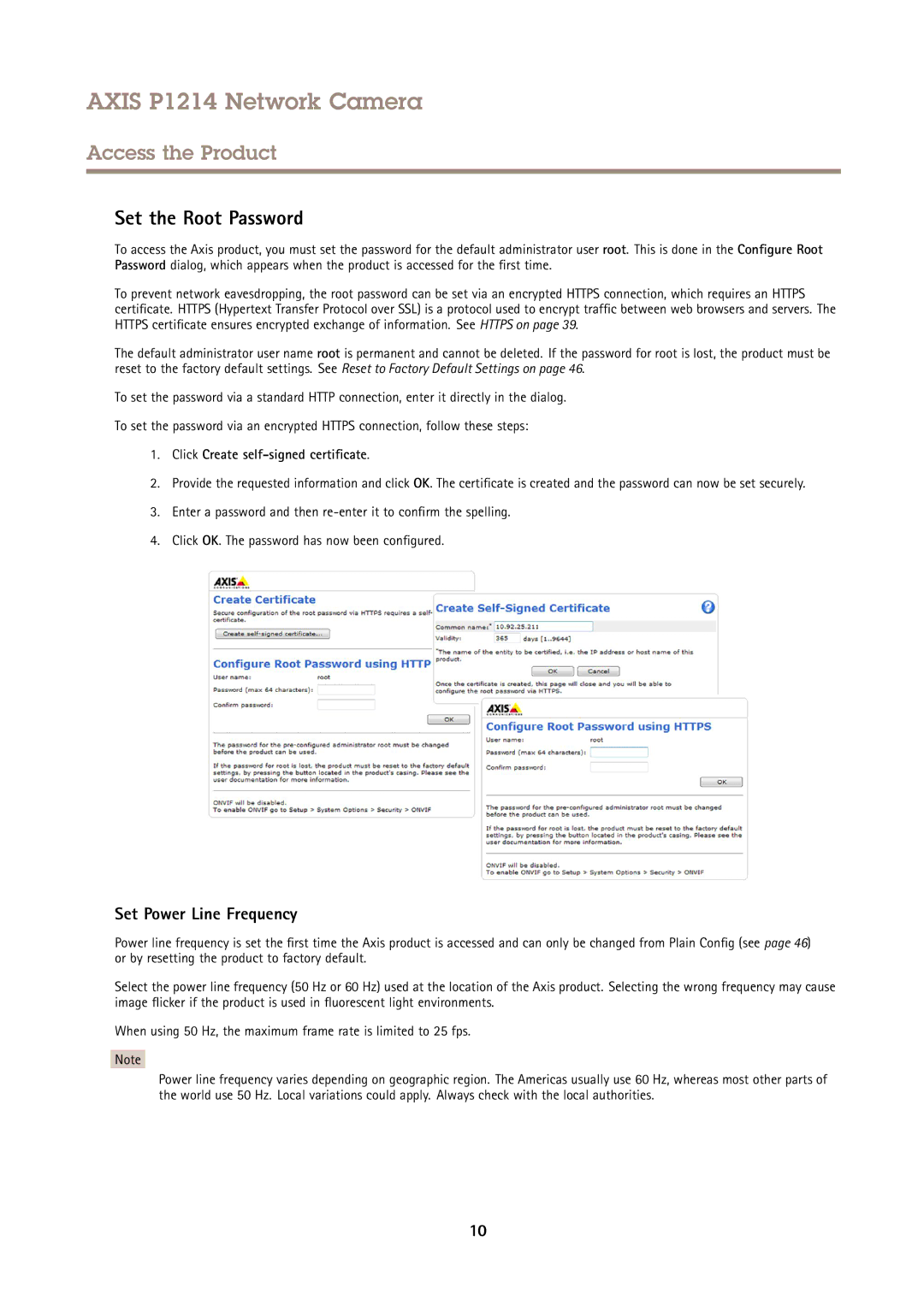 Axis Communications P1214 user manual Set the Root Password, Set Power Line Frequency, Click Create self-signed certificate 