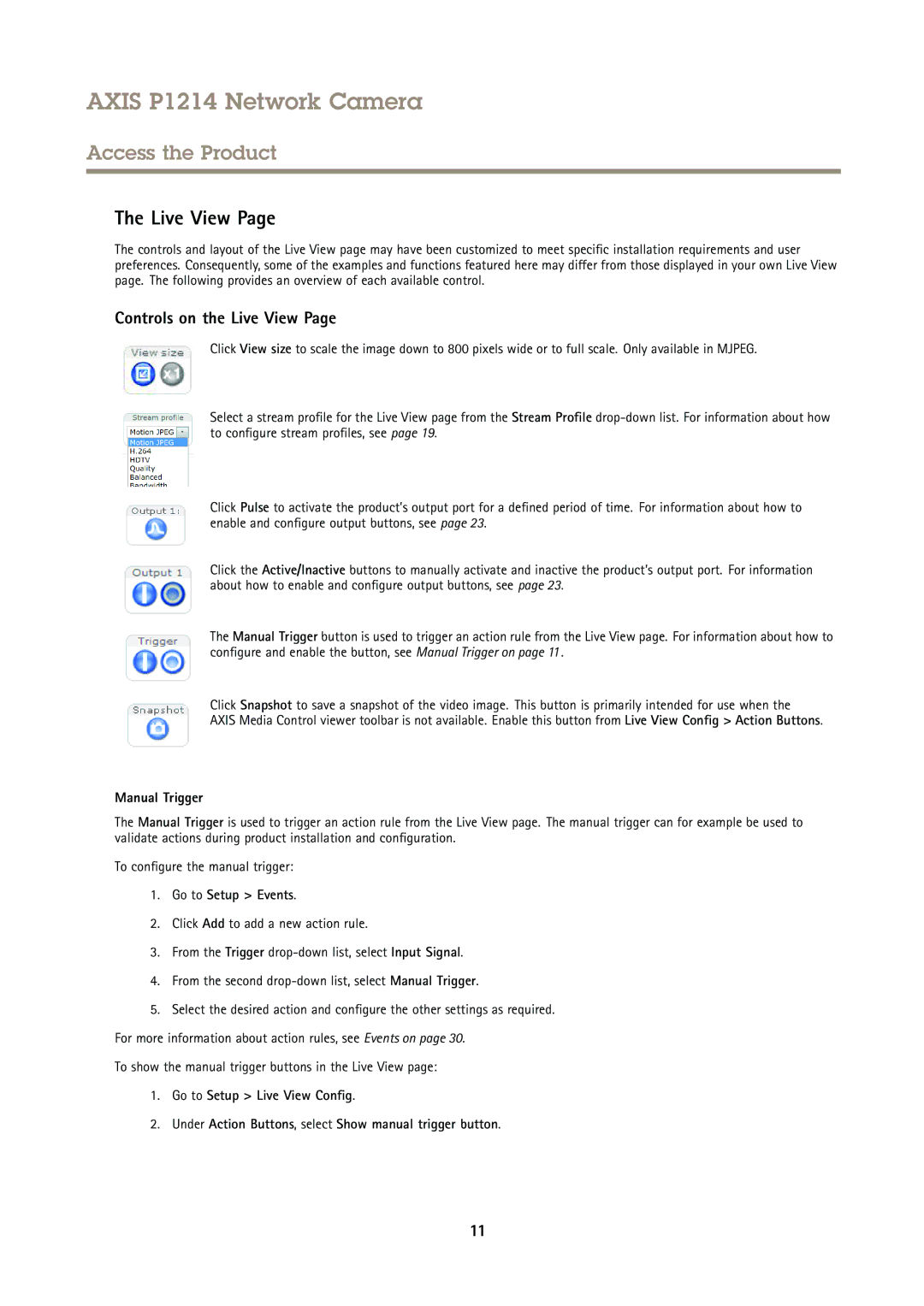 Axis Communications P1214 user manual Controls on the Live View, Manual Trigger, Go to Setup Events 