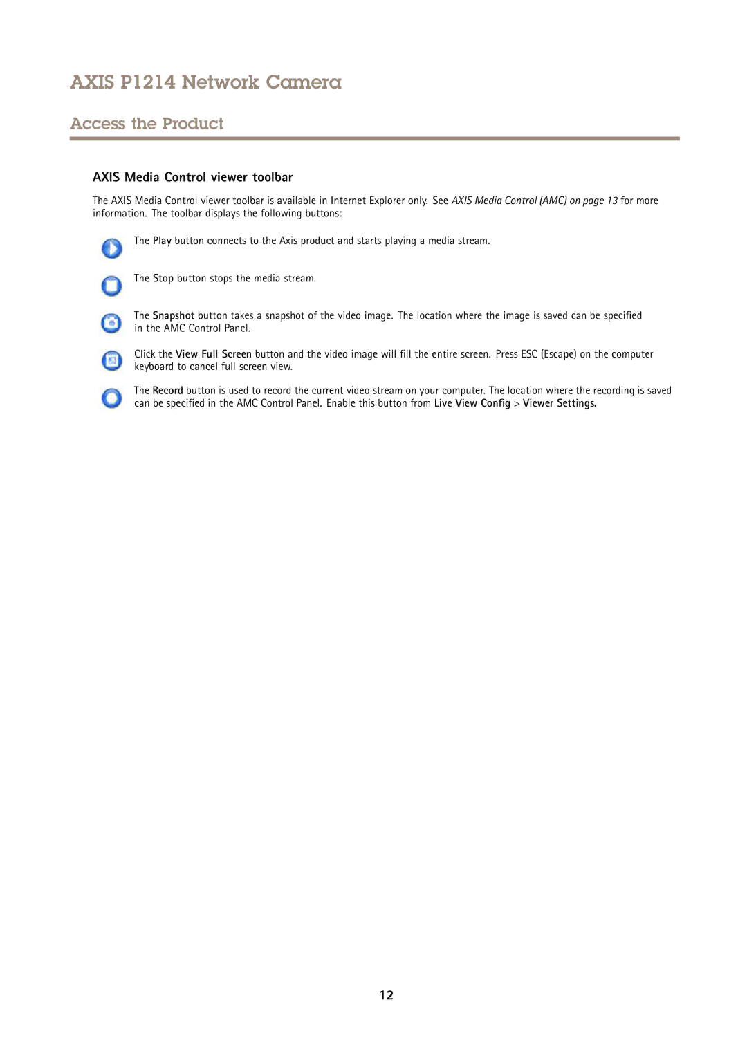 Axis Communications P1214 user manual Axis Media Control viewer toolbar 