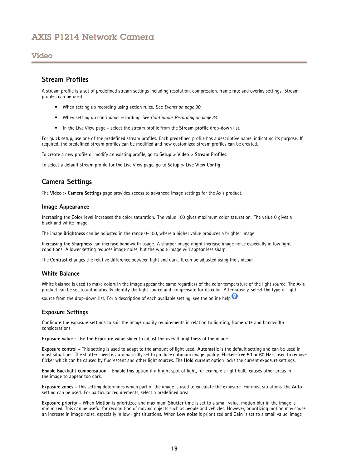 Axis Communications P1214 user manual Stream Profiles, Camera Settings, Image Appearance, White Balance, Exposure Settings 