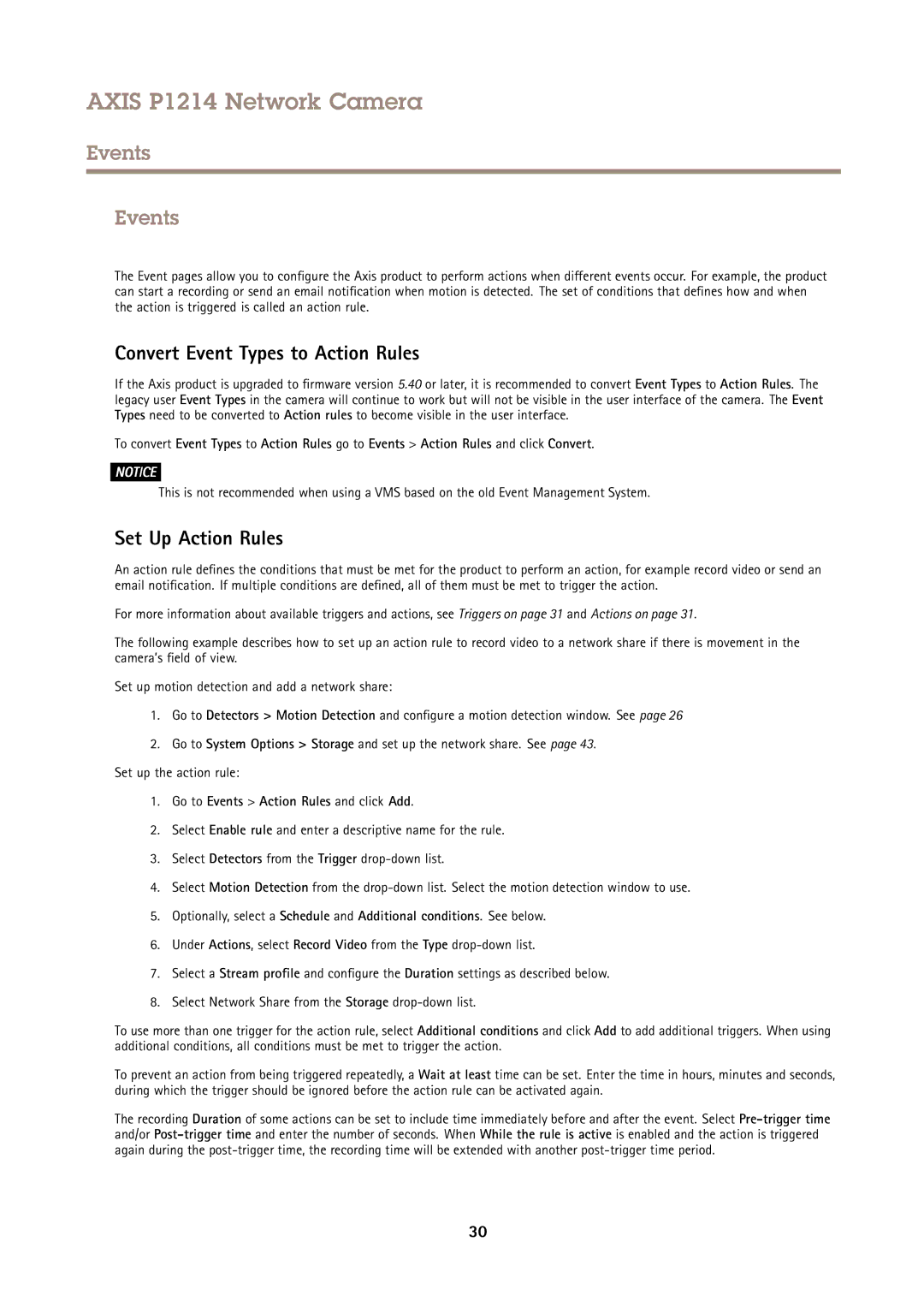 Axis Communications P1214 user manual Events, Convert Event Types to Action Rules, Set Up Action Rules 