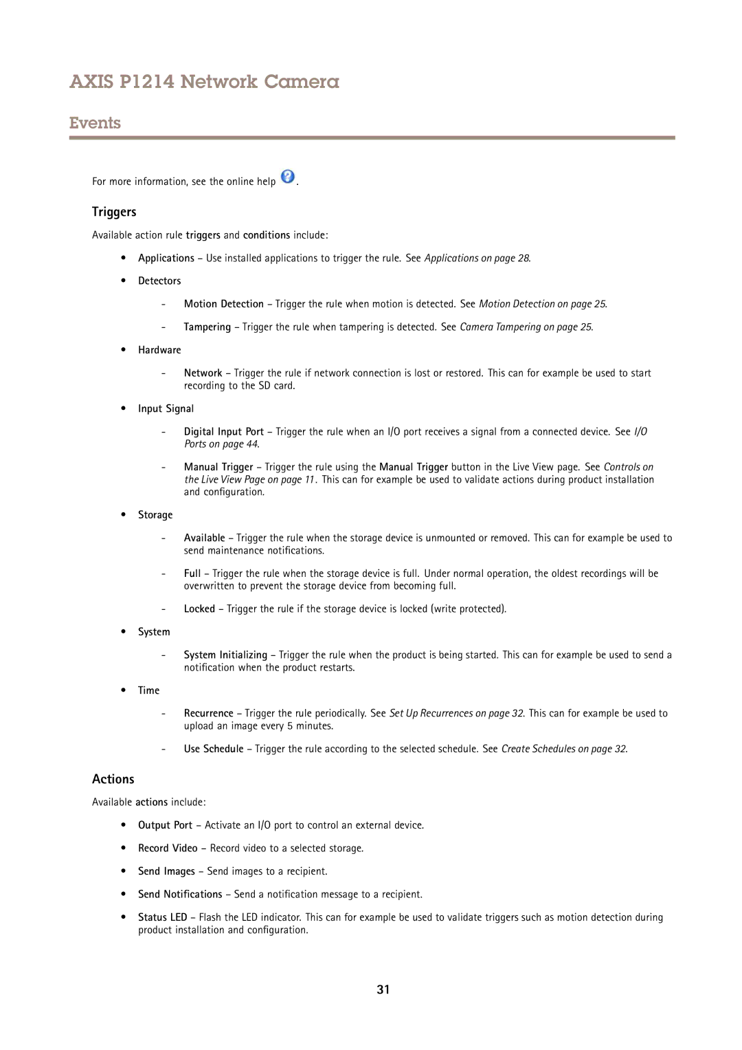 Axis Communications P1214 user manual Triggers, Actions 