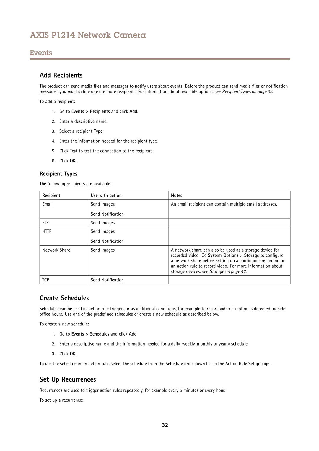 Axis Communications P1214 user manual Add Recipients, Create Schedules, Set Up Recurrences, Recipient Types 