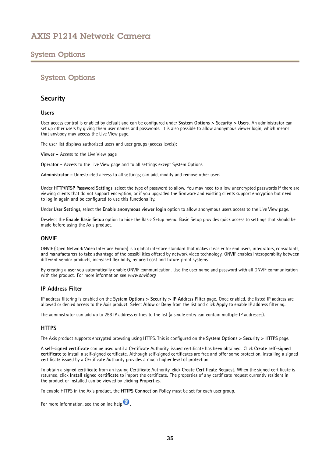 Axis Communications P1214 user manual System Options, Security, Users, IP Address Filter 