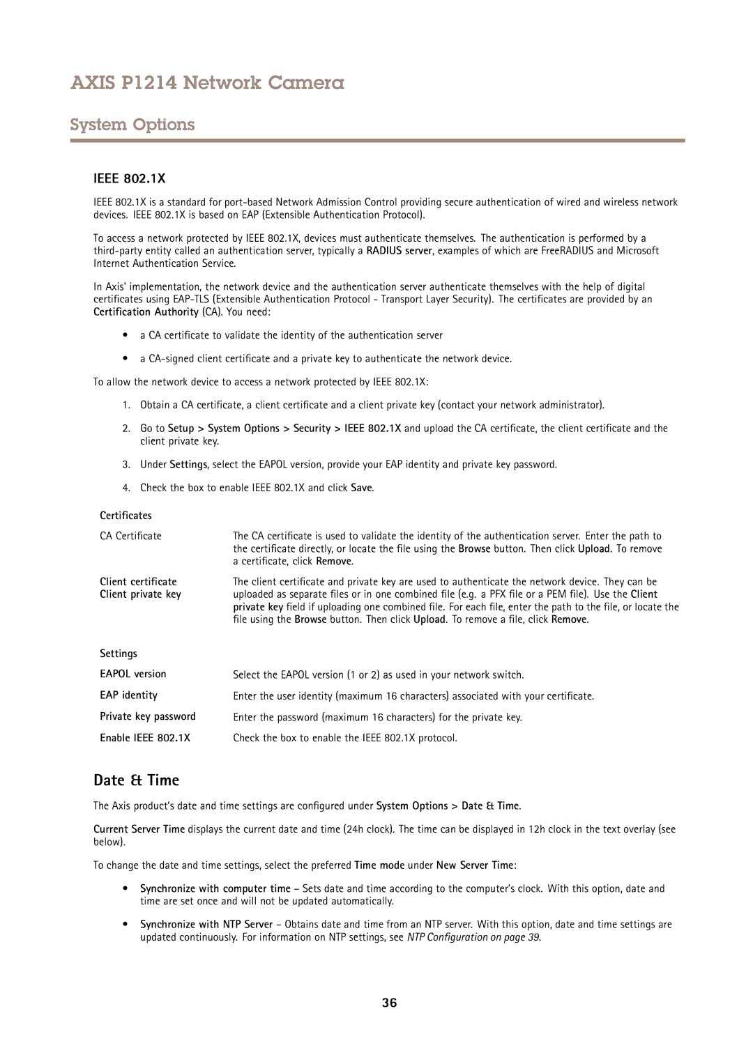 Axis Communications P1214 user manual Date & Time, Ieee, Certificates, CA Certificate 