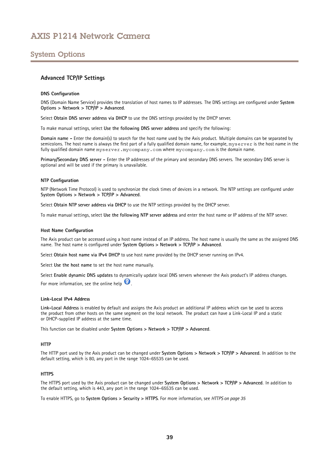 Axis Communications P1214 Advanced TCP/IP Settings, DNS Configuration, NTP Configuration, Host Name Configuration 